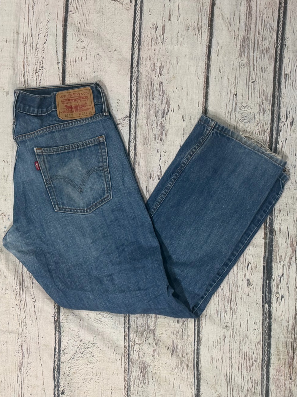 Levis 514 Blue Straight Leg Jeans Destressed Denim Pants Mens Size 34 x 30